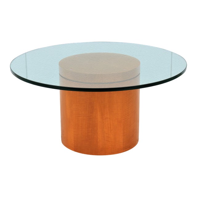 Mid-Century Modern Style 39 in Round Clear Glass Top Drum Wood Base Coffee Table For Sale