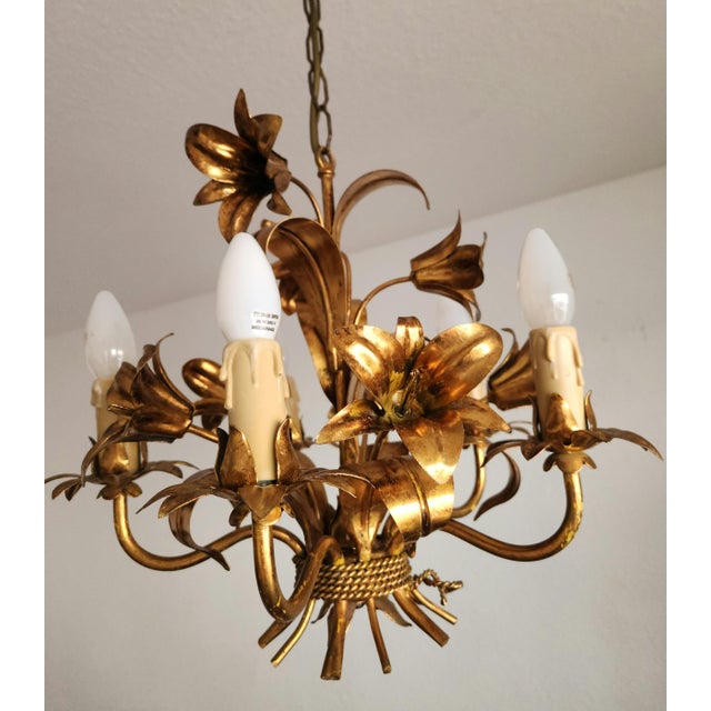 Ornamental & Decorative Materials Gilded Chandelier with Gold Leaf, Italy, 1960s For Sale - Image 7 of 18