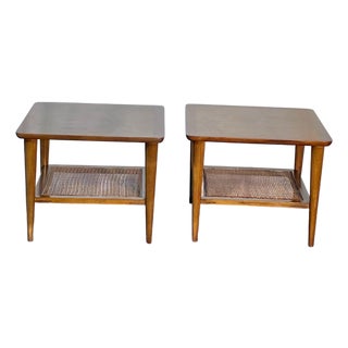 Mid 20th Century Lane Walnut MCM End Tables With Caned Shelves For Sale