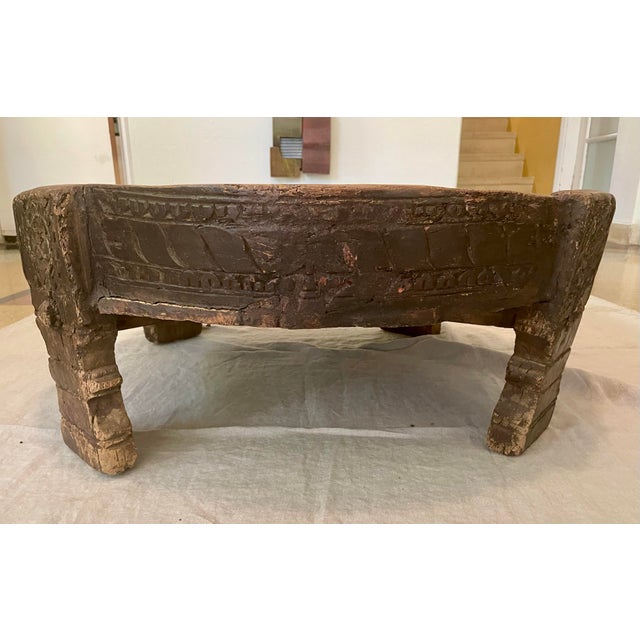 Brown Large Antique Grinder Tribal Teak Hand Carved Wood Chakki Table or Ottoman For Sale - Image 8 of 12