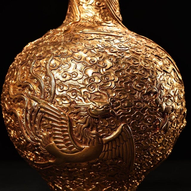 Paint Vintage Chinese Gilt Bronze High Relief Phoenix Vase With Painted Dragon Box - 1700g For Sale - Image 7 of 9