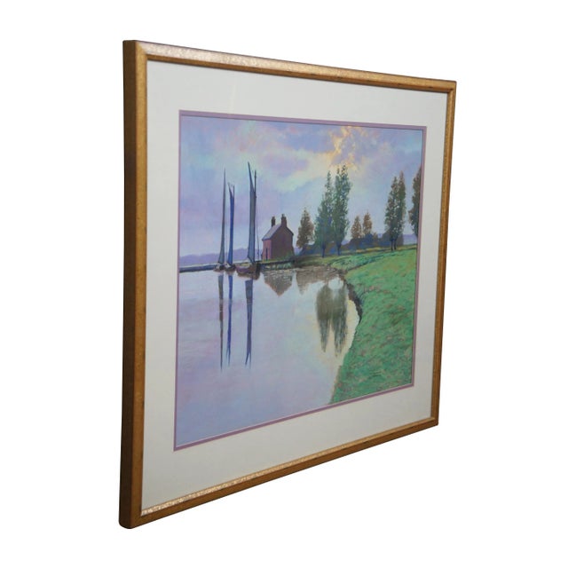 Farmhouse 1995 Vintage Watercolor Realist Landscape Painting Sailboats Farm by Fleming For Sale - Image 3 of 13