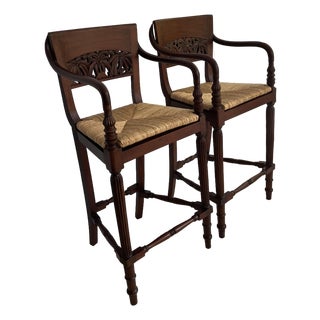1990s Pair of Counter Stools-Woven Rush Seat-Ornate Carving Back-High Quality Special Armchairs For Sale