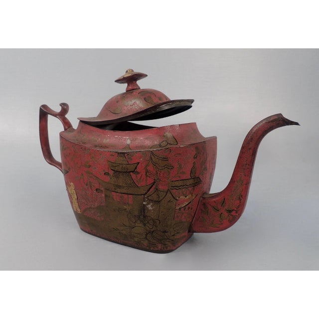 Red Antique Georgian Red Tole Peinte or Toleware Teapot with Chinoiserie Decoration For Sale - Image 8 of 11