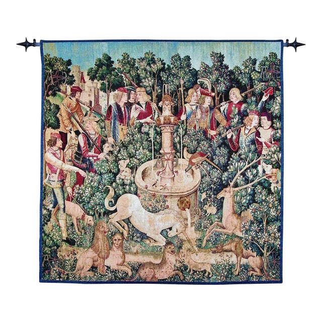 Unicorn at the Fountain Loom Woven Tapestry - 88 X 87 Cm (2'11" X 2'10") - Requires Rod Size 2 For Sale