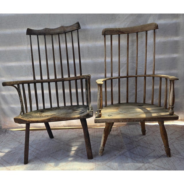 Antique Vernacular. Pair of 19thC Country Primitive Comb/Stick-Back Windsor Chairs With Original Green Paint For Sale - Image 14 of 14