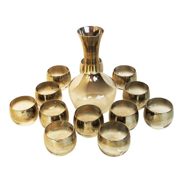 Vintage Mid-Century Modern Dorothy Thorpe Style Silver Fade Roly Poly Cocktail Glasses & Carafe Set- 13 Pieces For Sale