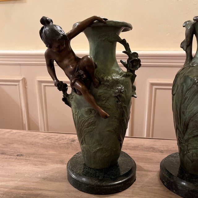 Original Antique Bronze Art Nouveau Vase from the late 19th century, each vase is signed by artist Auguste Moreau. Vase...