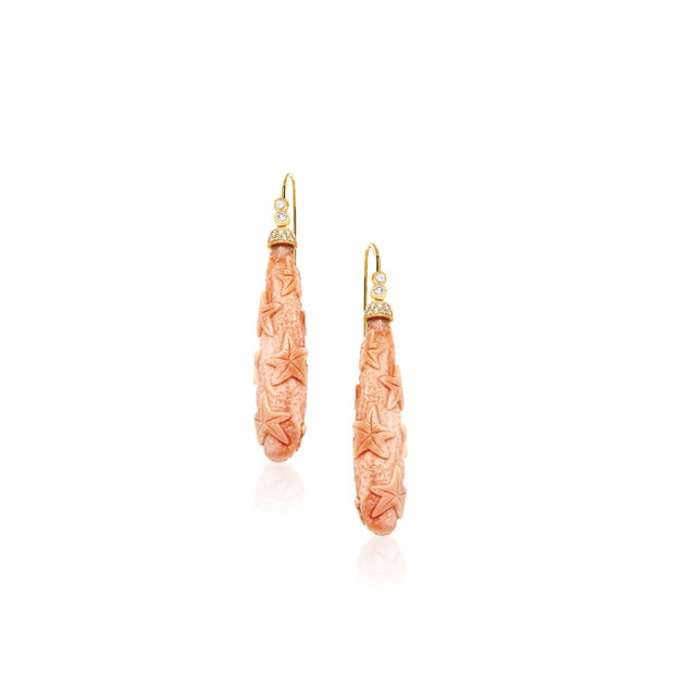 G-One' Pink Coral Drops Earrings on Wire with Diamonds in 18K Yellow Gold. Approximate Stone Details: Pink Coral - Weight...
