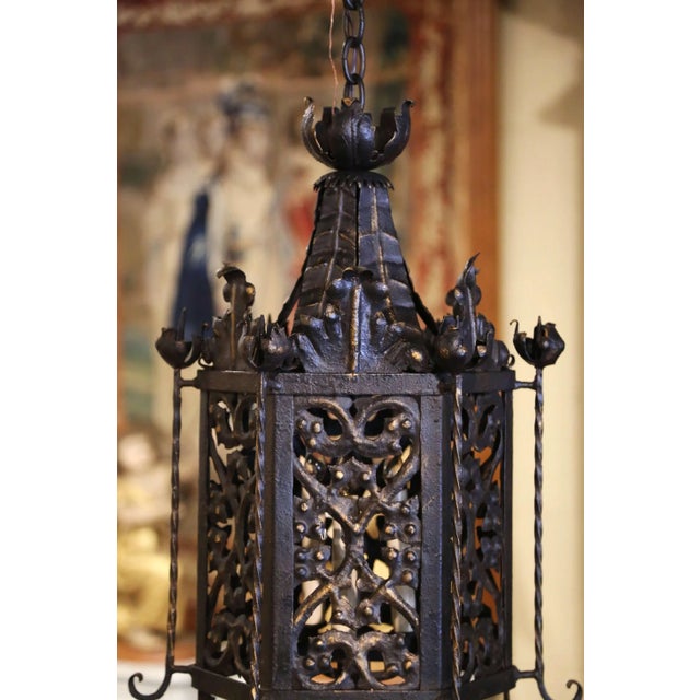 19th Century French Gothic Black and Gilt Iron Three-Light Hexagon Lantern For Sale - Image 4 of 8