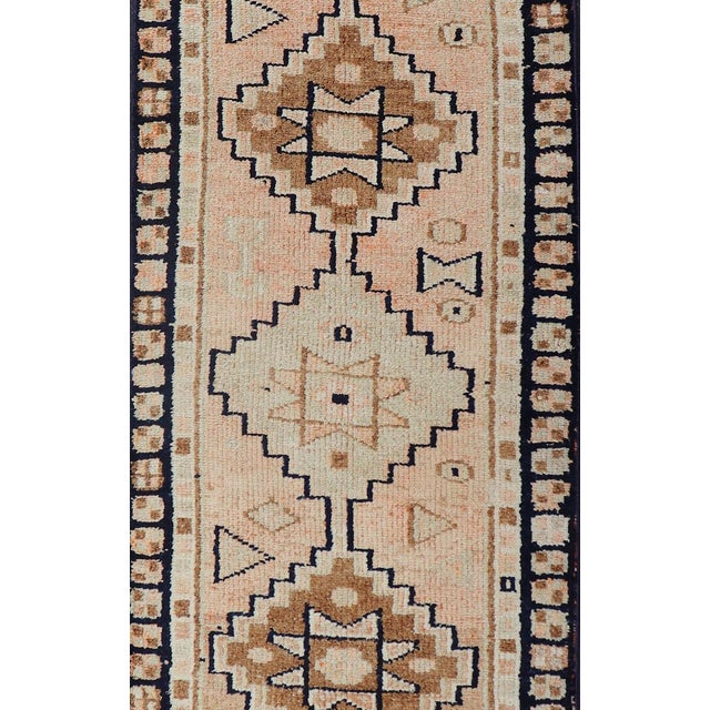 Tribal Vintage Turkish Oushak Runner With Medallion Design Outlined in Navy Blue For Sale - Image 3 of 11