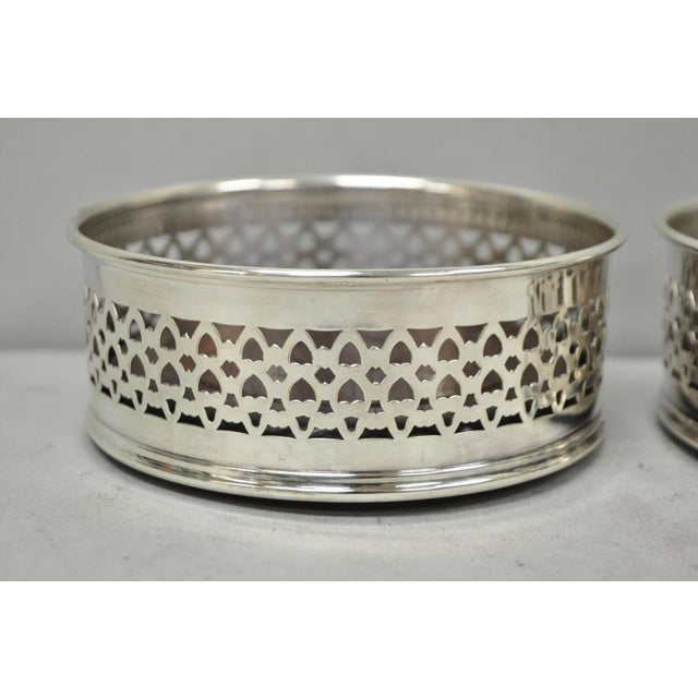 Mid 20th Century Vintage English Victorian Wood & Silver Plated Bar Wine Bottle Coaster - A Pair For Sale - Image 5 of 11