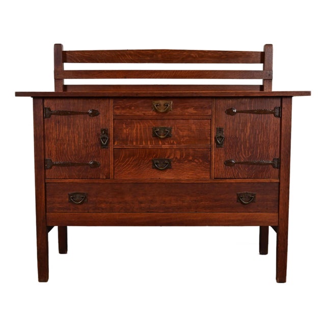 Gustav Stickley Antique Mission Oak Arts & Crafts Strap Hinge Sideboard, Circa 1910 For Sale
