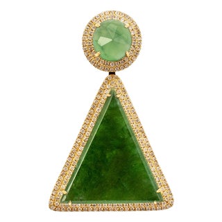 18k Yellow Gold 10.05ct Green Burmese Jadeite Jade Diamond Double Drop Pendant For Sale