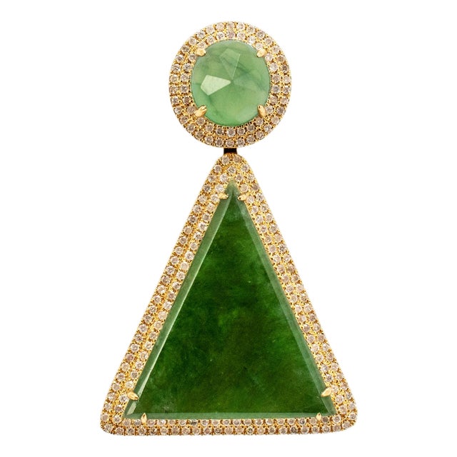 18k Yellow Gold 10.05ct Green Burmese Jadeite Jade Diamond Double Drop Pendant For Sale