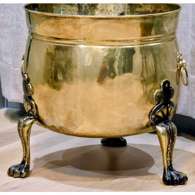 English Antique Hand-Made English Brass Lion Handle Footed Cachepot Planter/Cauldron For Sale - Image 3 of 13