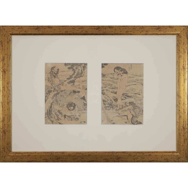 After Katsushika Hokusai, Pair of Figures, Woodcut, Late 19th Century, Framed For Sale