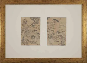 After Katsushika Hokusai, Pair of Figures, Woodcut, Late 19th Century, Framed