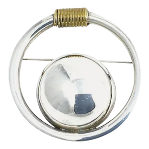Modernist Brass Coil Sterling Silver Circle Brooch