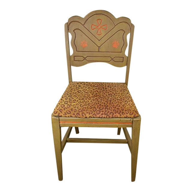 Hand Painted Feline Motif Upholstered Leopard Print Wood Chair in Green & Orange For Sale