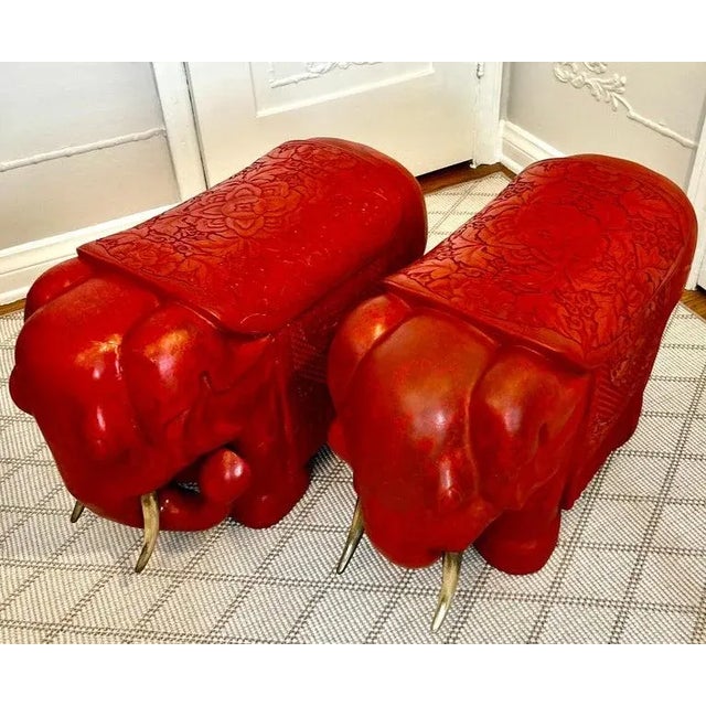 Mid 20th Century Red Cinnabar Hand Carved Asian Elephants with Brass Tusks - A Pair For Sale - Image 12 of 12