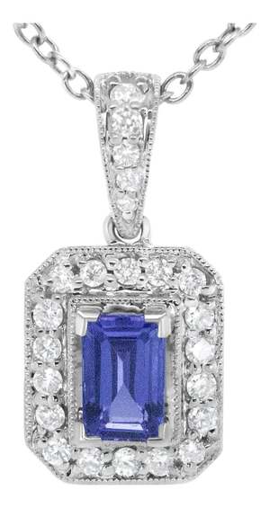 18K White Gold 1/4 Cttw Round Diamond and 6x4mm Purple Tanzanite Halo 18" Pendant Necklace (H-I Color, VS1-VS2 Clarity)