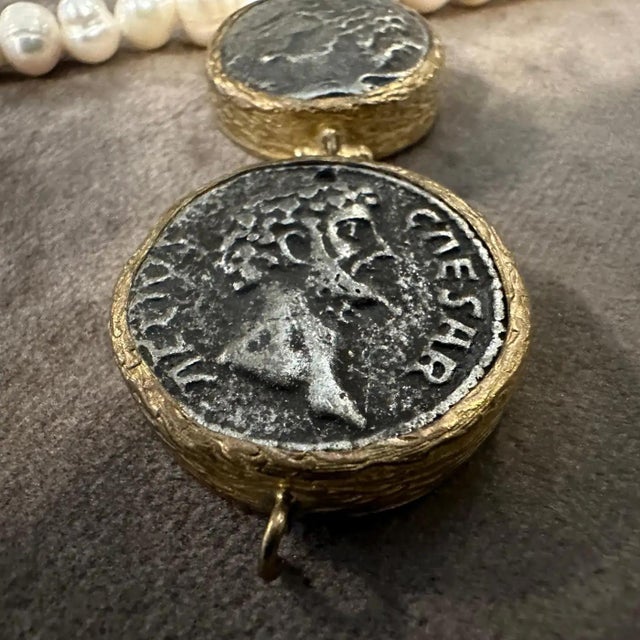Metal 1980s Bulgari Style River Pearls and Brass Roman Coins Pendant Necklace For Sale - Image 7 of 9