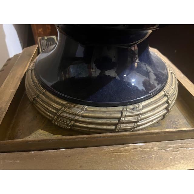 Traditional Antique Ceramic Blue Vase on Stand With Brass Motifs For Sale - Image 3 of 7