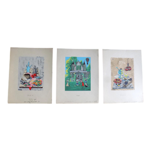 Vintage Signed Silkscreen N. Takis Victorian Hot Air Balloon Scene & Two Still Lifes - Set of 3