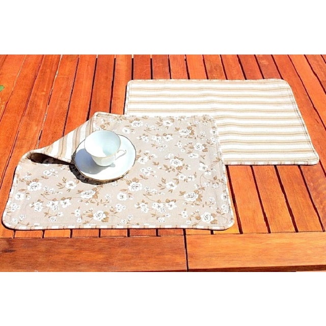 Shabby Chic Floral and Stripe Linen Reversible Placemats With Piping - Set of 4 For Sale - Image 9 of 13
