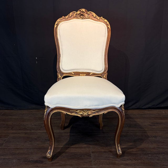 Wood French Louis XV Walnut Dining Chairs With Gilt & New Upholstery- Set of 6 For Sale - Image 7 of 11