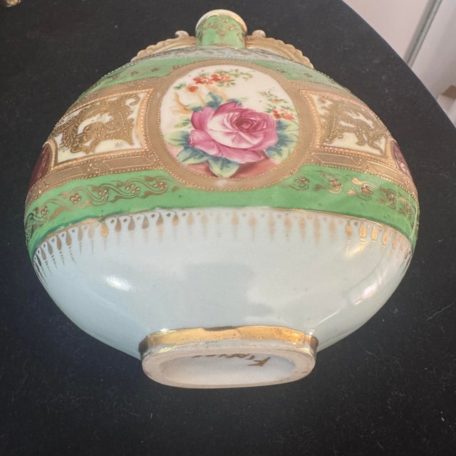 Ceramic Antique French Porcelain Hand-Painted Pilgrim Flask Vase With Raised Gold Filigree & Roses For Sale - Image 7 of 10