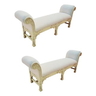 Vintage Italian Baroque Style Heavily Carved Floral Scrolled Arm Hall Benches- A Pair For Sale