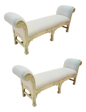 Vintage Italian Baroque Style Heavily Carved Floral Scrolled Arm Hall Benches- A Pair