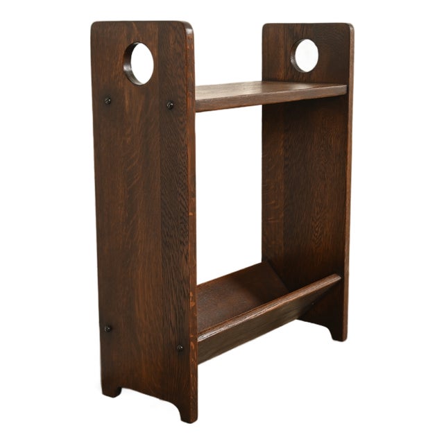 Lakeside Craft Shops Antique Mission Oak Arts & Crafts Cutout Book Trough or Magazine Stand, Newly Refinished For Sale