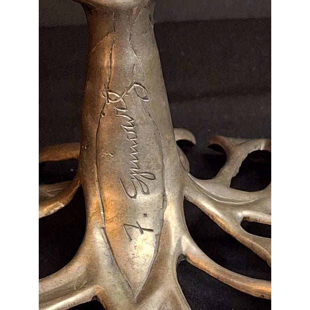 VTG Fred Spinowitz Tree of Life Menorah Signed Judaica Silver Tone Brass Leaves For Sale - Image 13 of 18