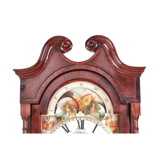 Antique Mahogany Eight Day Moonphase Grandfather Clock with Painted Face For Sale - Image 9 of 17