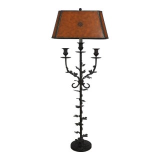 Maitland Smith Bronze Floor Lamp W. Leather Shade For Sale
