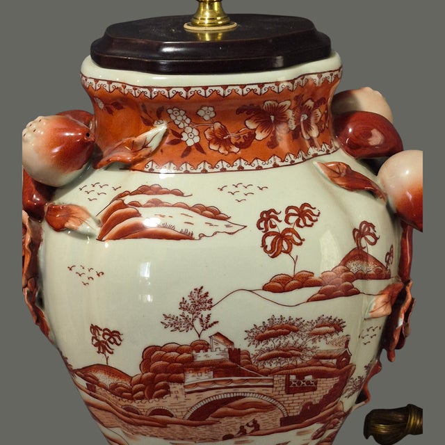 Vintage Japanese Kutani Red Landscapes Pomegranate Floral Handles Table Lamp For Sale - Image 4 of 14
