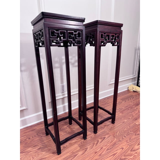 Vintage Monumental Asian Ming Style Solid Rosewood Plant Stands, a Pair For Sale - Image 10 of 14