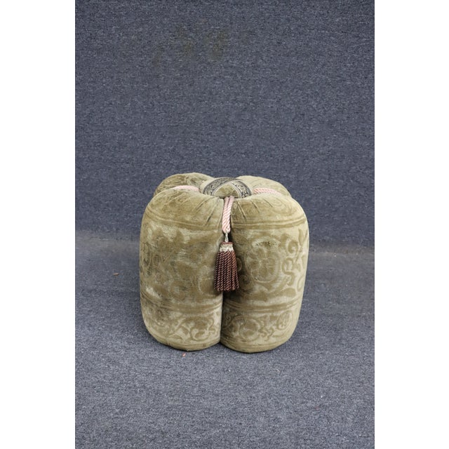 Charming vintage clover-shaped pouf upholstered in a soft olive-gold cut velvet with a subtle scrolling pattern. The piece...