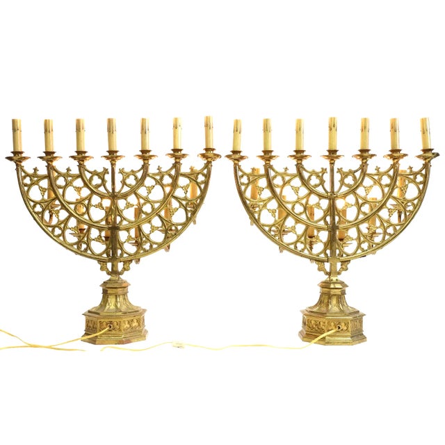 Gothic 20th Century Gothic Revival Gilt Metal 13-L Menorah Style Two Tiers Candelabra Lamps, Set of 2 For Sale - Image 3 of 5