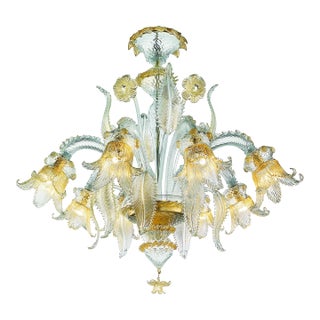Ornate Clear and Gold-Leaf Murano Glass Floral Chandelier — Italian Design For Sale