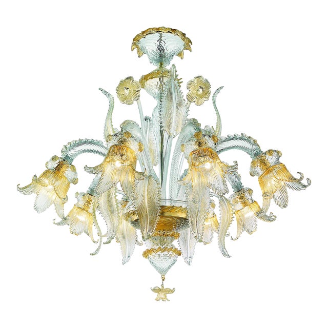Ornate Clear and Gold-Leaf Murano Glass Floral Chandelier — Italian Design For Sale