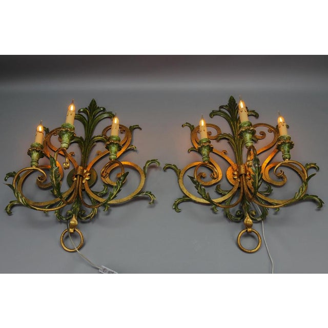 Wood Large Gilt and Green Color Metal and Wood Sconces, 1960s, Set of 2 For Sale - Image 7 of 18