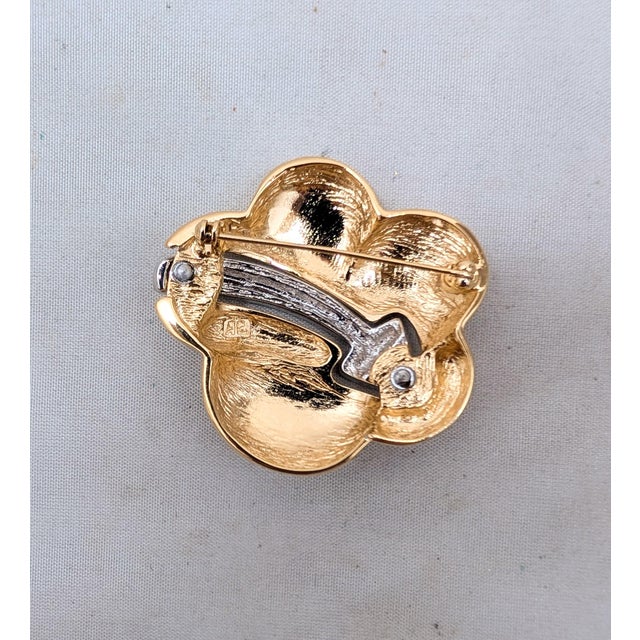Metal Vintage 1980s Signed Courreges Paris Goldtone & Rhodium Plated Rhinestone Brooch For Sale - Image 7 of 7