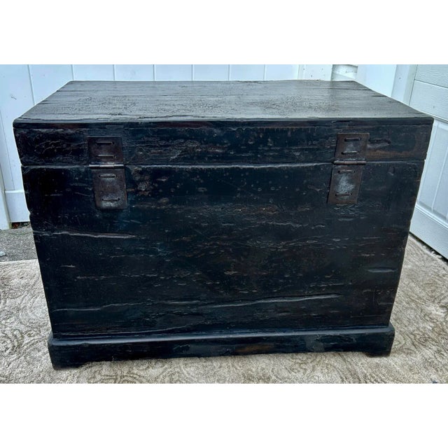 Antique Black Lacquer Trunk Chinese Wedding Chest Hand Painted Coffee Table 30" For Sale - Image 12 of 12
