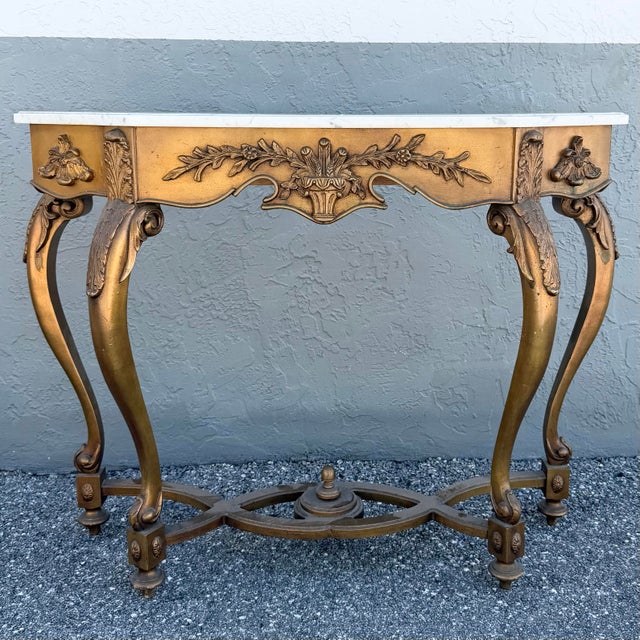Wood Vintage French Style Marble Top Wooden Console Table For Sale - Image 7 of 11