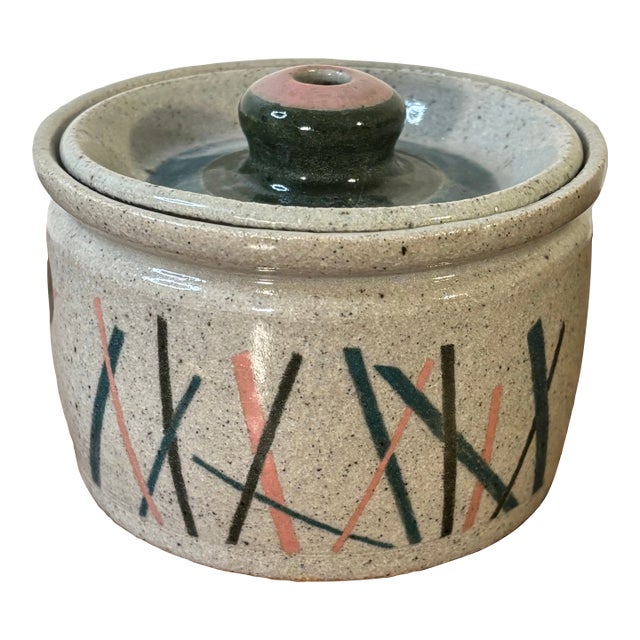 Vintage American Studio Earthenware Lidded Vessel, 1989 For Sale