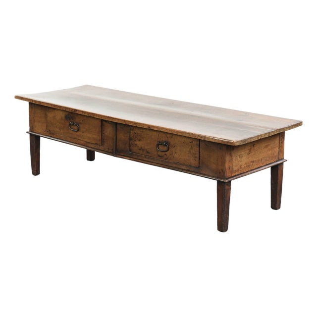 Antique Southern European Rectangular Walnut Coffee Table with Two Drawers For Sale